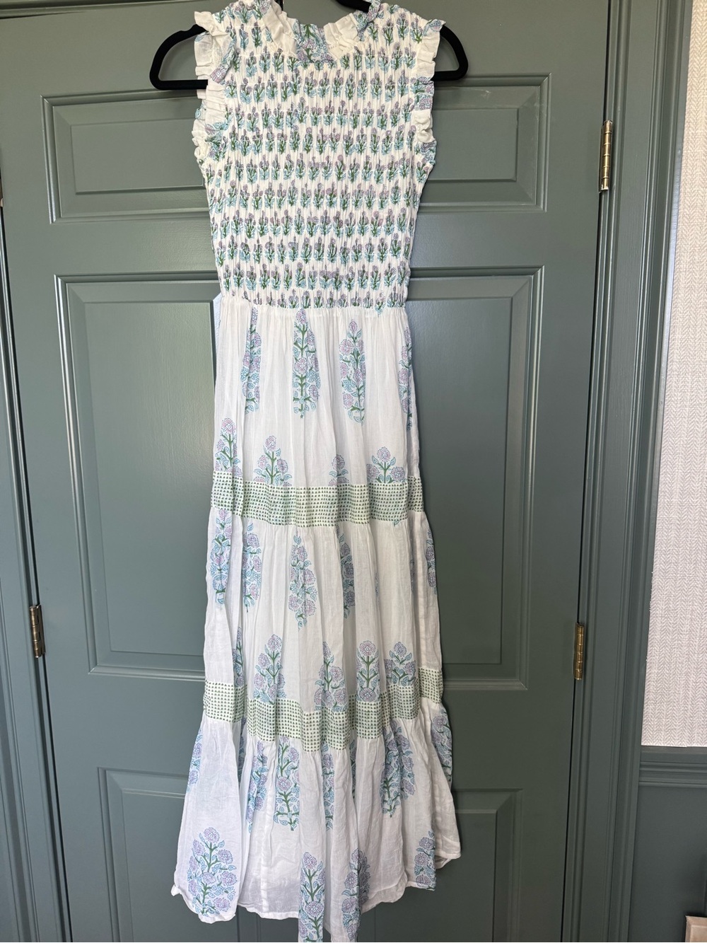 Oliphant White Maxi Dress with Green and Lavender Floral Print. EUC